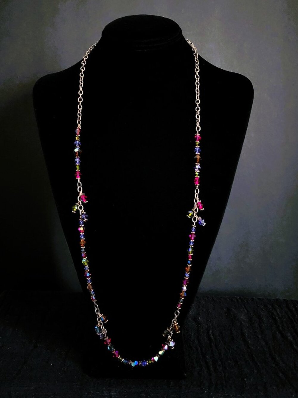 VTG 90s Sterling Silver Multicolor Crystal Station Layering Necklace 31.5” 29g